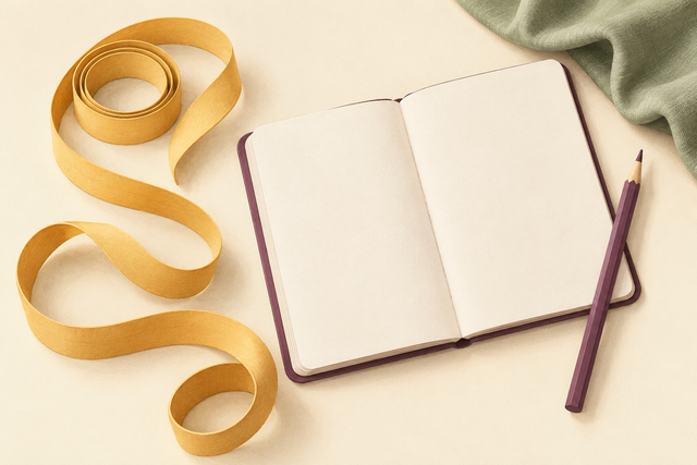Coiled soft tape without markings beside an open blank notebook and pencil.