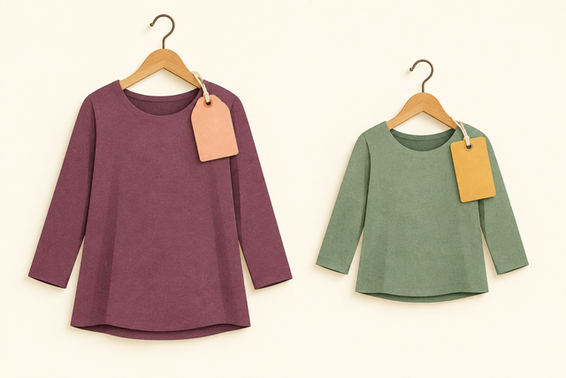 A larger plum garment and a smaller green garment on separate hangers with different blank tags.