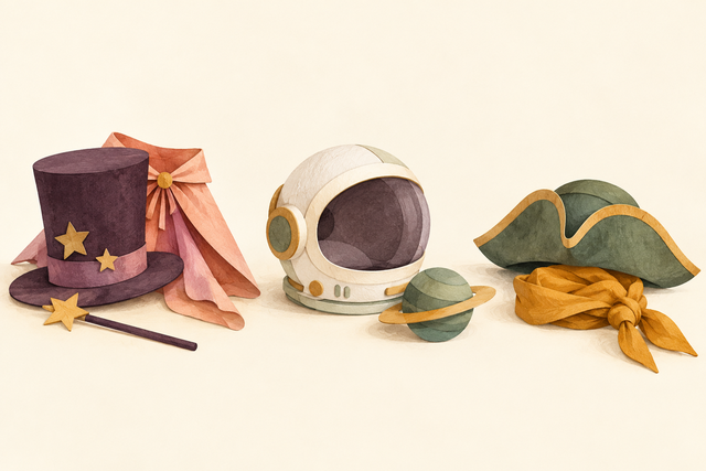 Three separate arrangements of magician, space and pirate props.