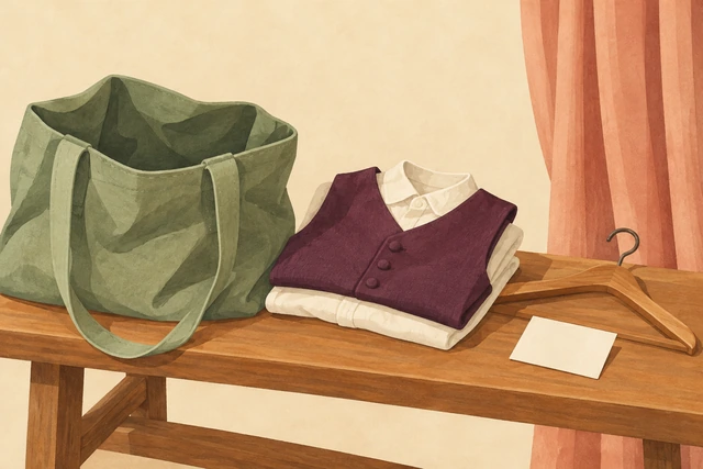 A carry bag beside a folded waistcoat, shirt, wooden hanger and blank card.