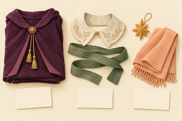 Cape, collar, belt, star and peach scarf in separate groups with blank cards.