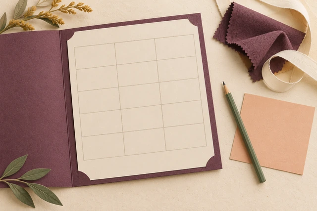 Folder with a blank three-column worksheet, pencil, note card and fabric.