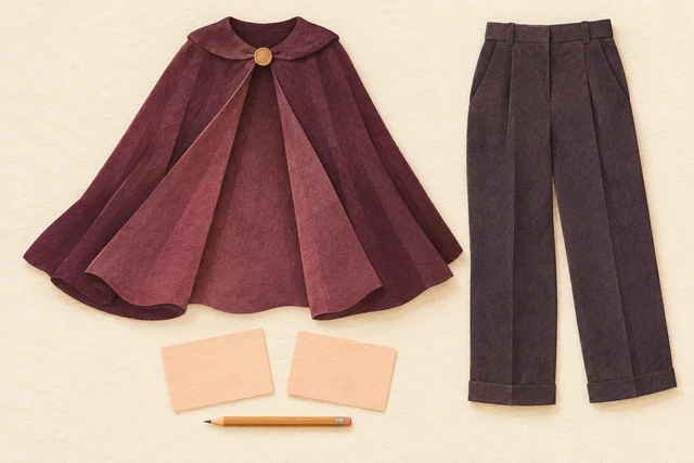Plum cape and dark trousers beside two blank cards and a pencil.