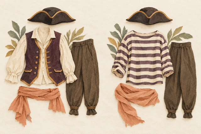 Two imagined pirate looks: one with a costume waistcoat, the other with a striped top and scarf.