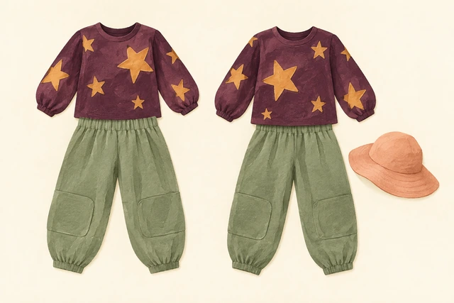 Two illustrative star-top-and-trouser outfits, with a separate hat beside one.