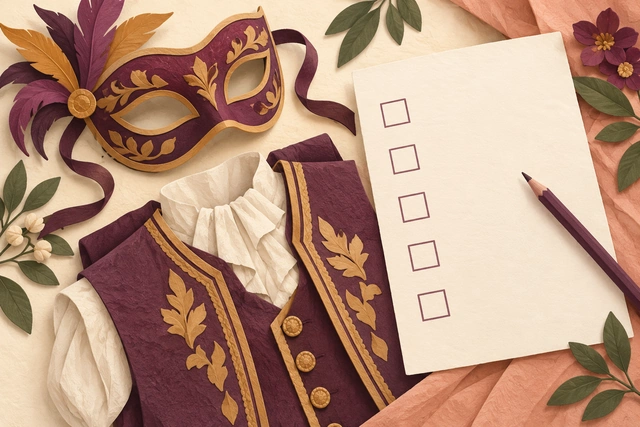A mask and costume waistcoat beside a blank checklist and pencil.