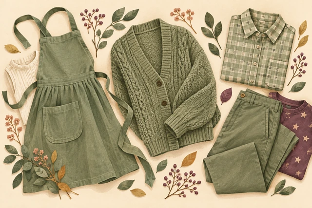 A green apron, knitted cardigan, checked shirt and trousers laid out on a pale background.