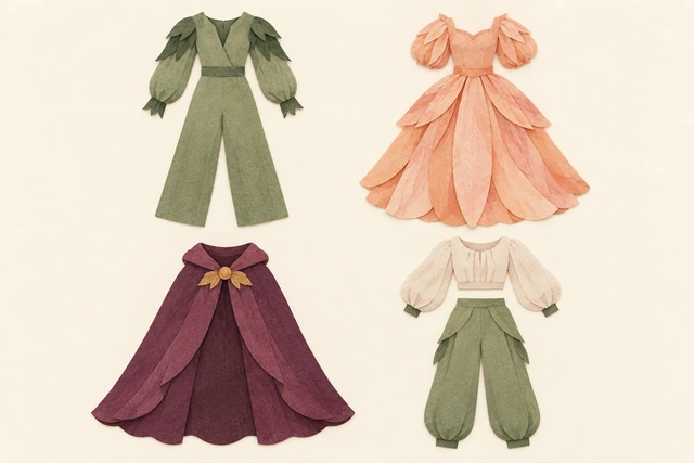 Patru forme de costum: salopetă, rochie, pelerină și bluză separată cu pantaloni.