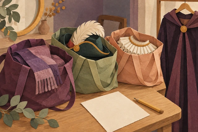 Three open bags holding a scarf, hat and collar beside a blank sheet and hanging cape.