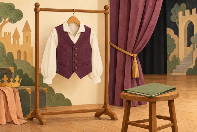 A waistcoat and shirt on a wooden hanger beside a theatre curtain and a closed folder.