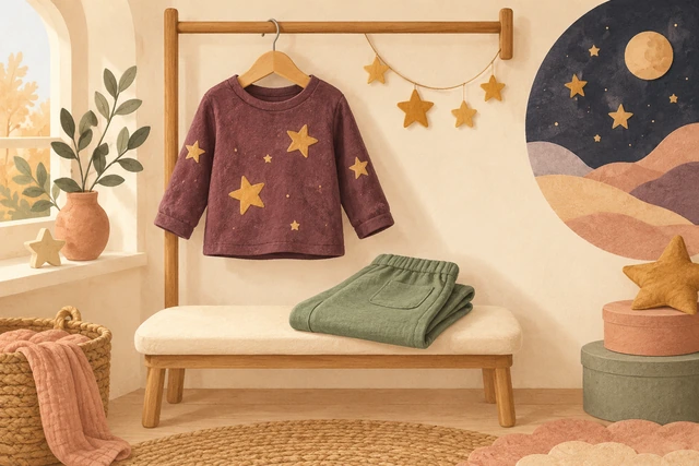 A star-patterned top on a low clothing rail and folded trousers on a bench.