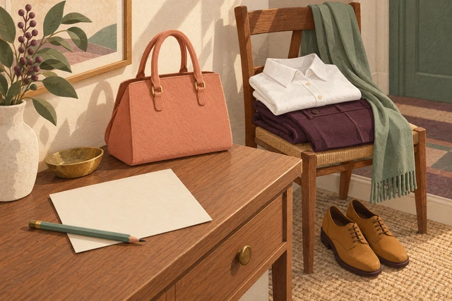 Blank planning card in front of folded clothes, scarf, bag and shoes gathered for going out.