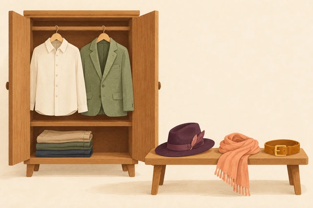 An open wardrobe with everyday clothes and a separate bench holding a hat, scarf and belt.