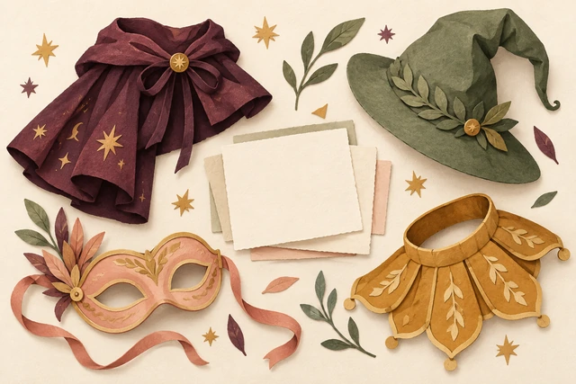 Cape, hat, mask and decorative collar arranged around blank cards.