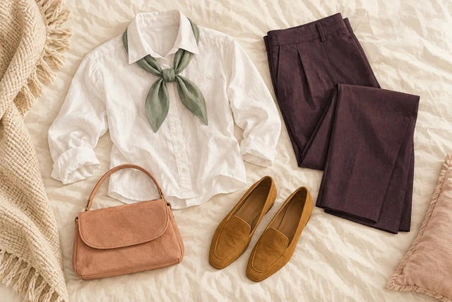 Shirt, scarf, trousers, shoes and bag laid out together on pale fabric.