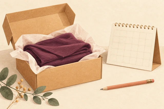 An open parcel with folded fabric beside a calendar without dates.