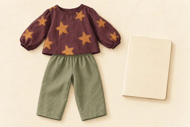 A purple star-patterned top and green trousers beside a blank notebook.