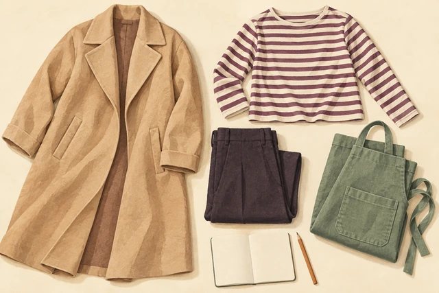 A coat, striped top, trousers and apron beside a blank notebook.