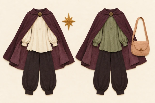 Two looks with a plum cape and dark trousers: cream top and star, then green top and bag.