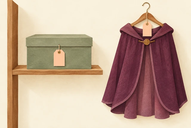 Green box on a shelf and plum cape on a separate hanger, with matching blank tags.