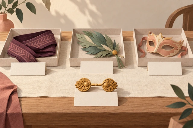 Three trays with separate accessories and one clasp beside blank cards.