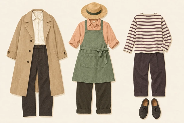 Three illustrative clothing combinations: a coat for a detective, an apron for a gardener and a striped top for a mime.