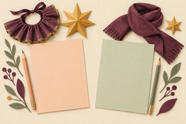Two blank cards with separate pencils, a theatrical collar, a scarf and stars.