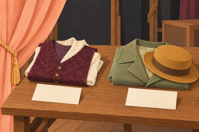 Two different outfit combinations on a backstage table with separate blank cards.