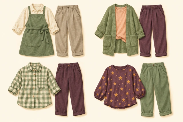 Four illustrative outfits featuring an apron, cardigan, checked shirt and star-patterned top.
