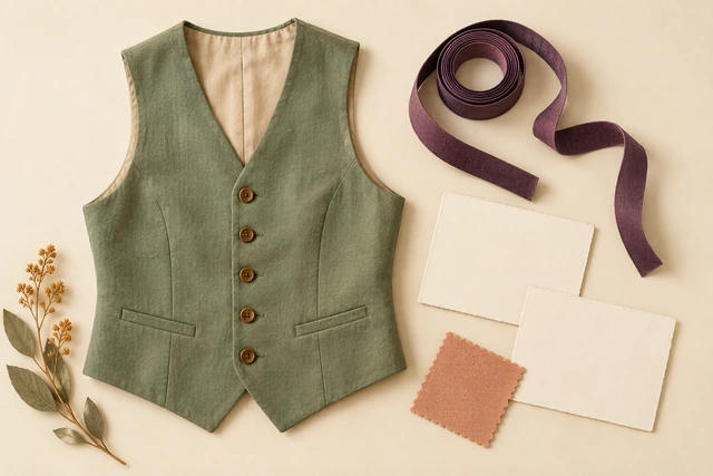 Waistcoat laid flat beside two blank cards, a rolled ribbon and a fabric swatch.