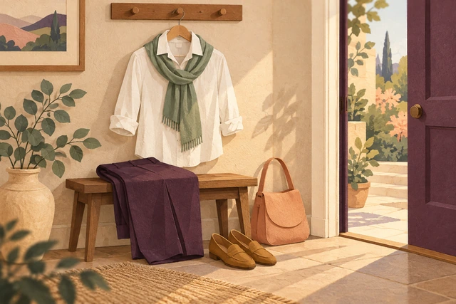 White shirt with a green scarf, dark trousers, shoes and a bag beside the door.