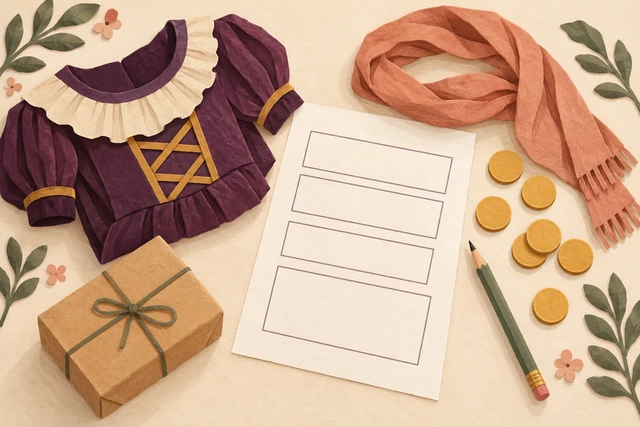 A garment, scarf, parcel and unmarked coins around a blank cost list.